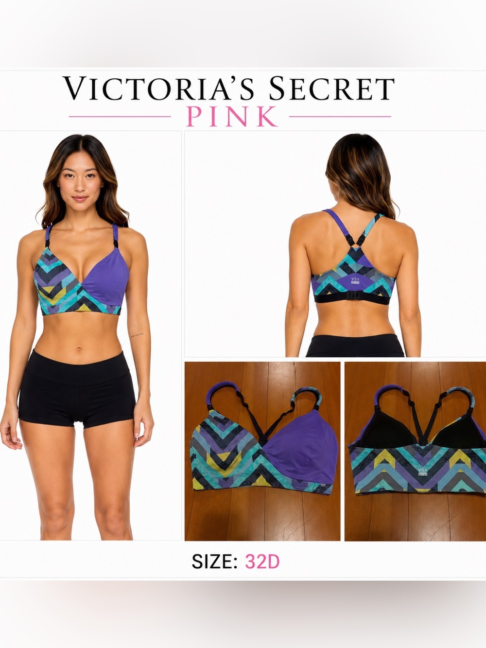 PINK Victoria's Secret Purple & Teal Chevron Sports Bra Size 32D